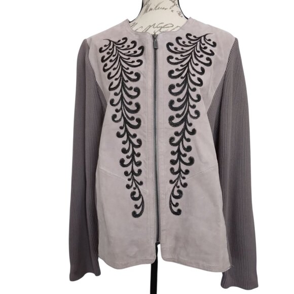 Bob Mackie | Embroidered Leather Suede Zip Front Jacket Taupe | Size L - Picture 1 of 7